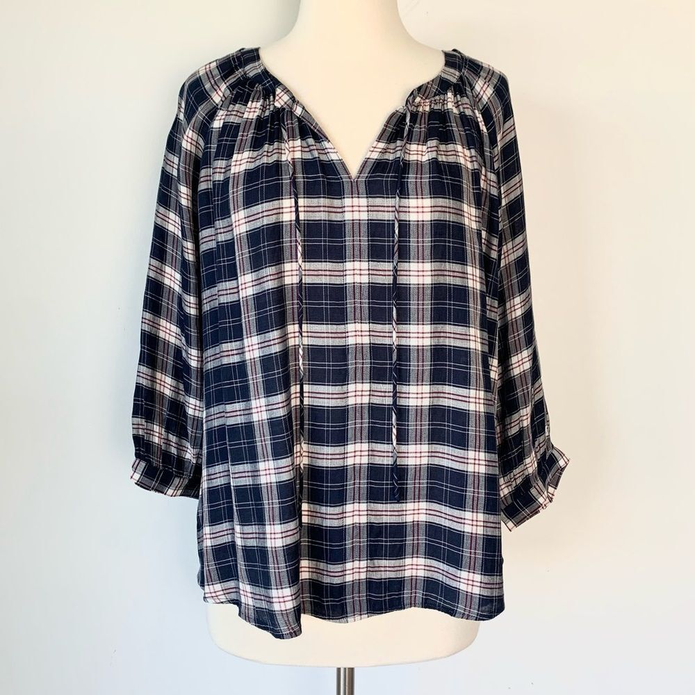 Ann Taylor LOFT NWT Navy Blue Plaid Keyhole Peasant Blouse Small
